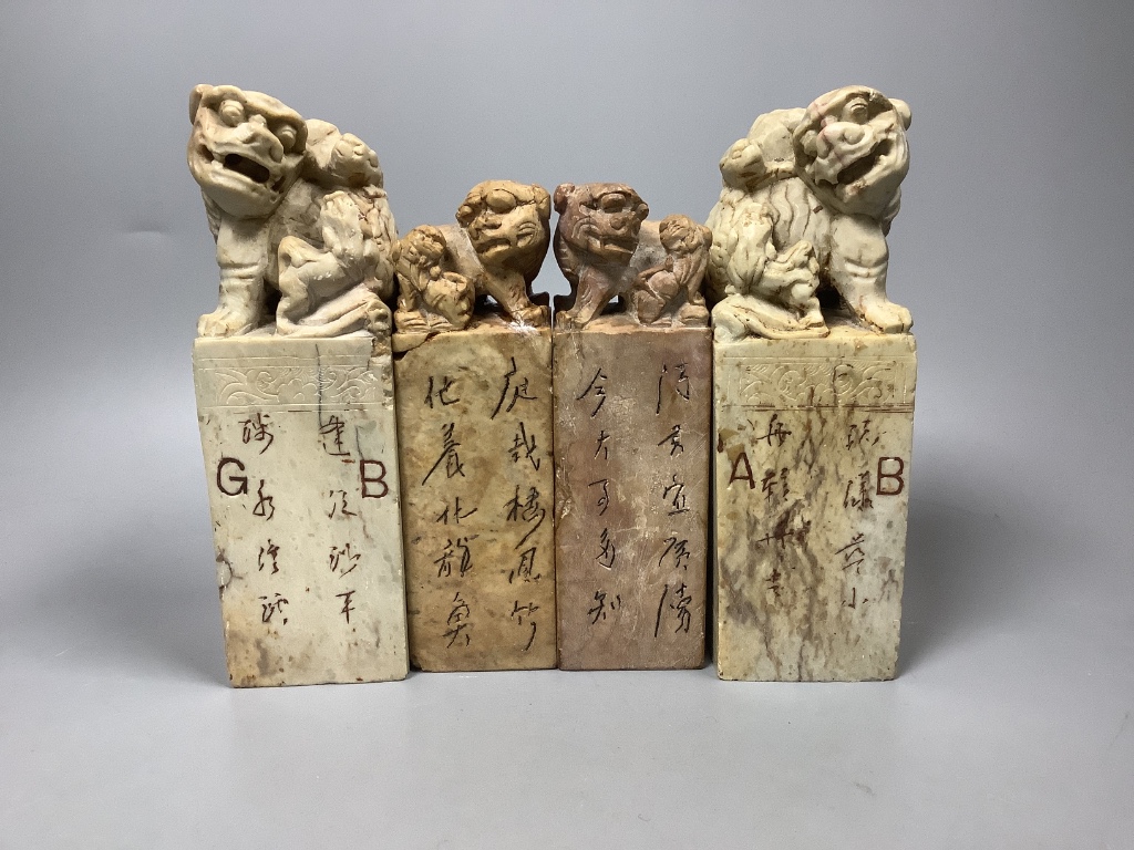 Two pairs of Chinese soapstone seals and another smaller, tallest 17.5cm, Provenance: Henri Ely Thence to his son General Paul Ely